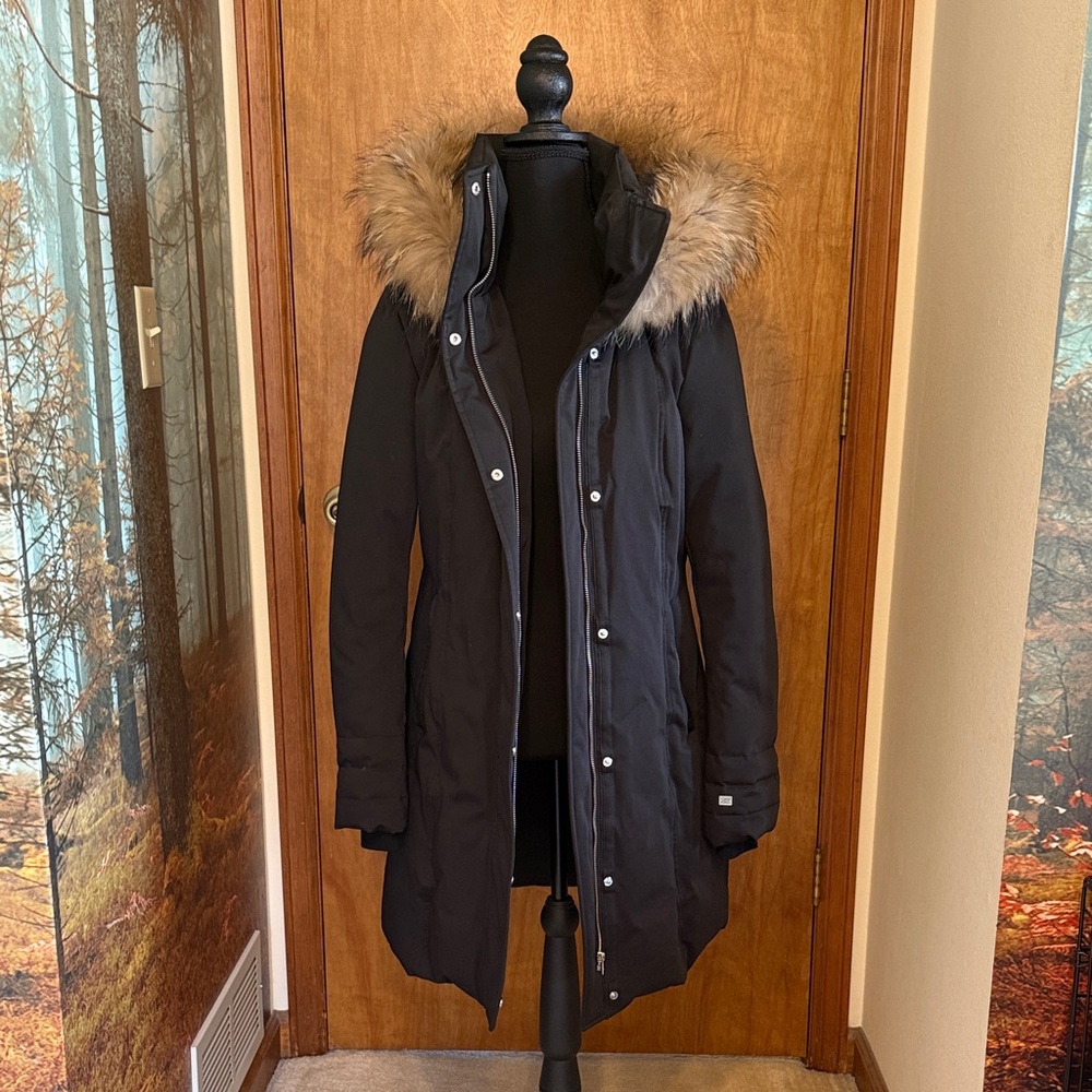 Soia & Kyo Black Trench Coat with Fur Trim